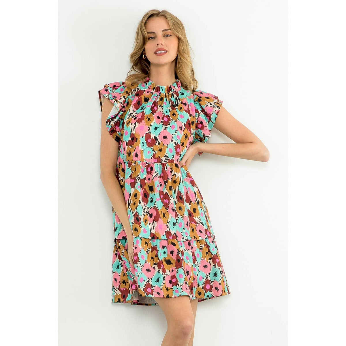Flutter Sleeve Tiered Print Dress