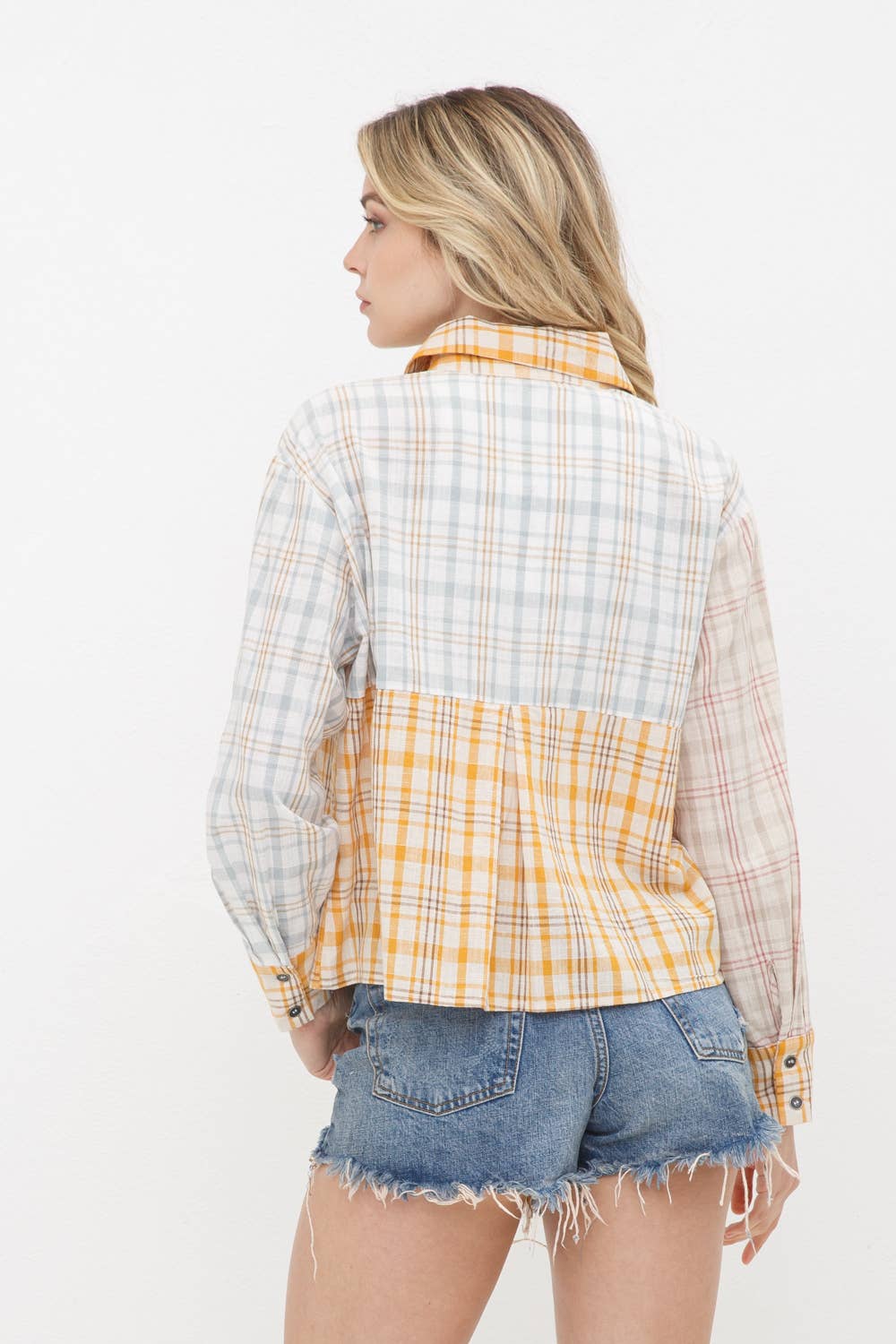Mix Plaid Pocket Front Button Up Crop Shirt