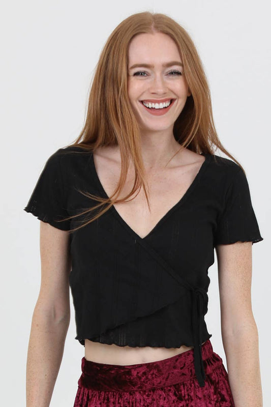 Cropped Pointelle Knit Wrap Top
