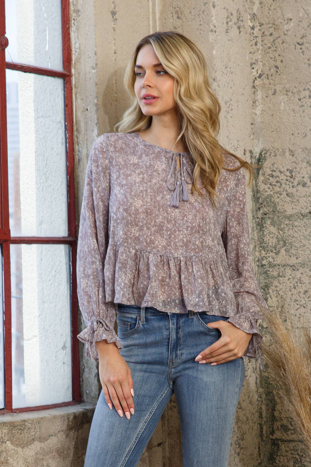 Chiffon Clip Dot Jacquard Peplum Tie Front Blouse