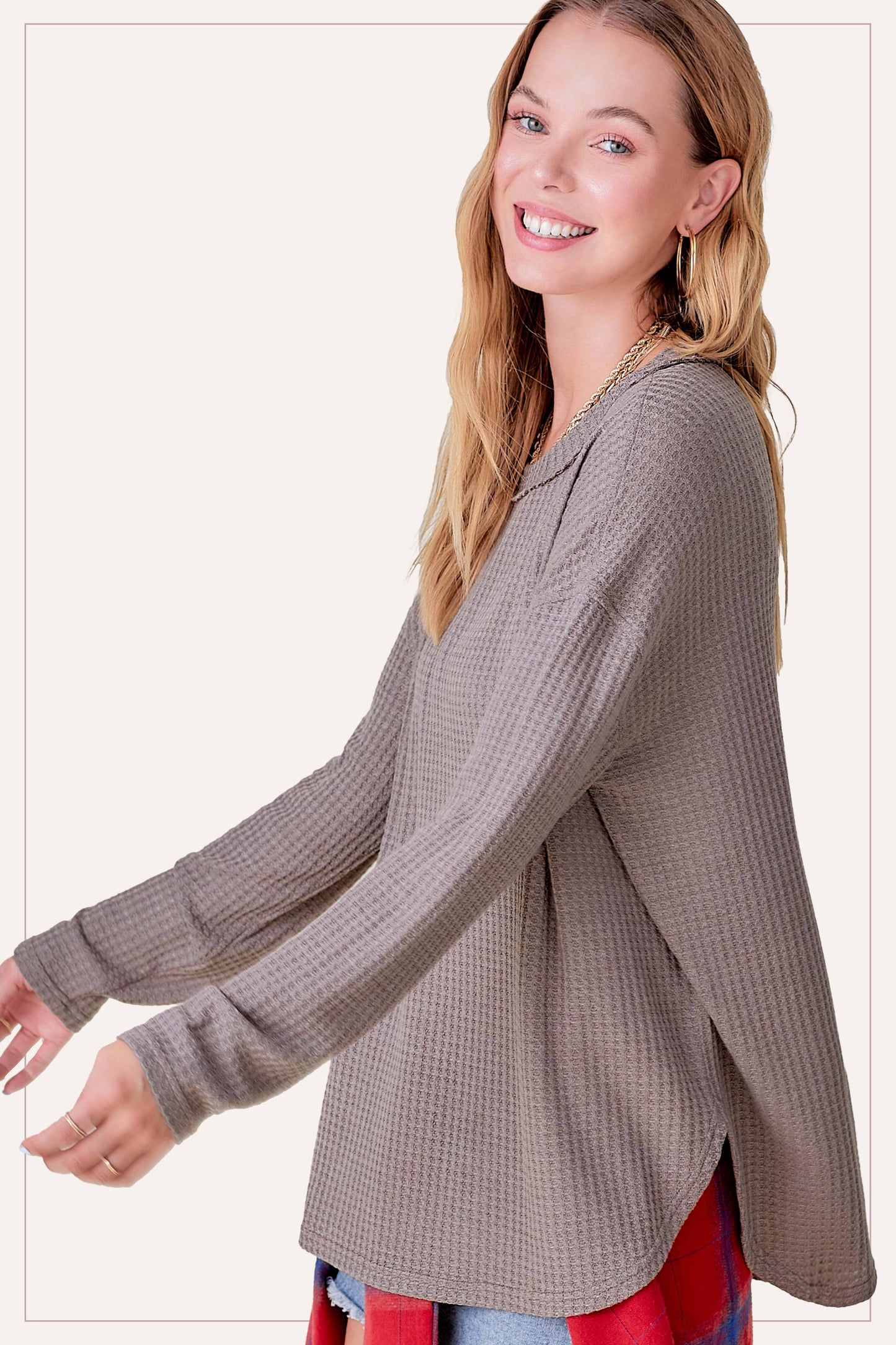 Brushed Waffle Fabric Loose Fit Long Sleeve Top