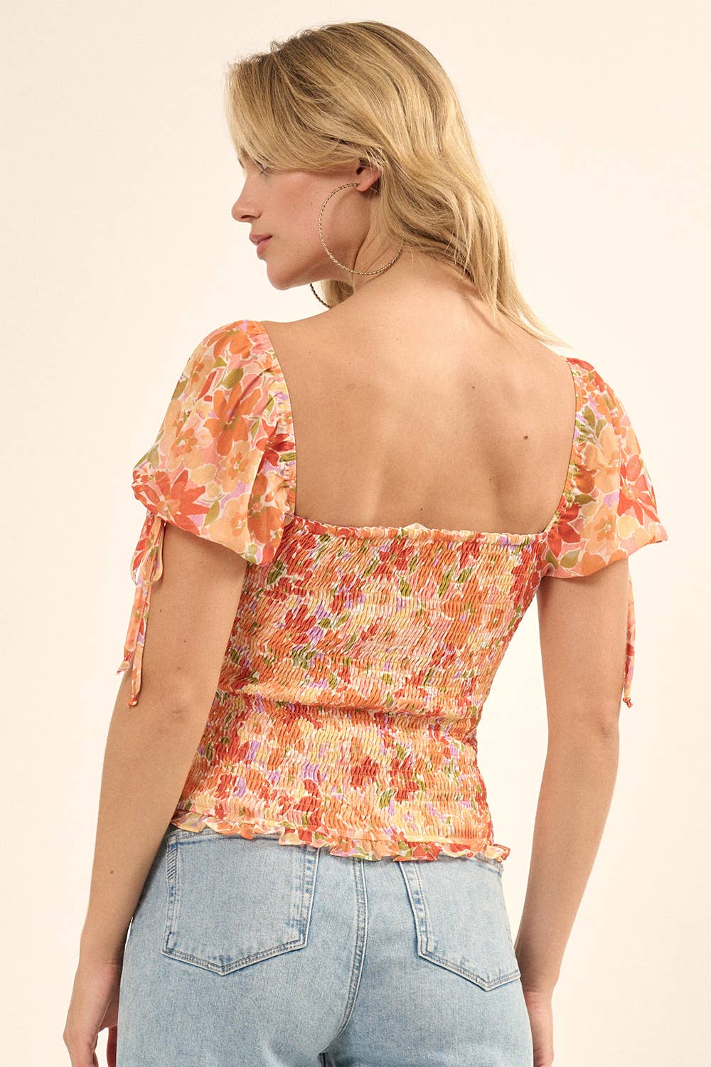 Smocked Floral Ruffled Puff-Sleeve Peasant Top