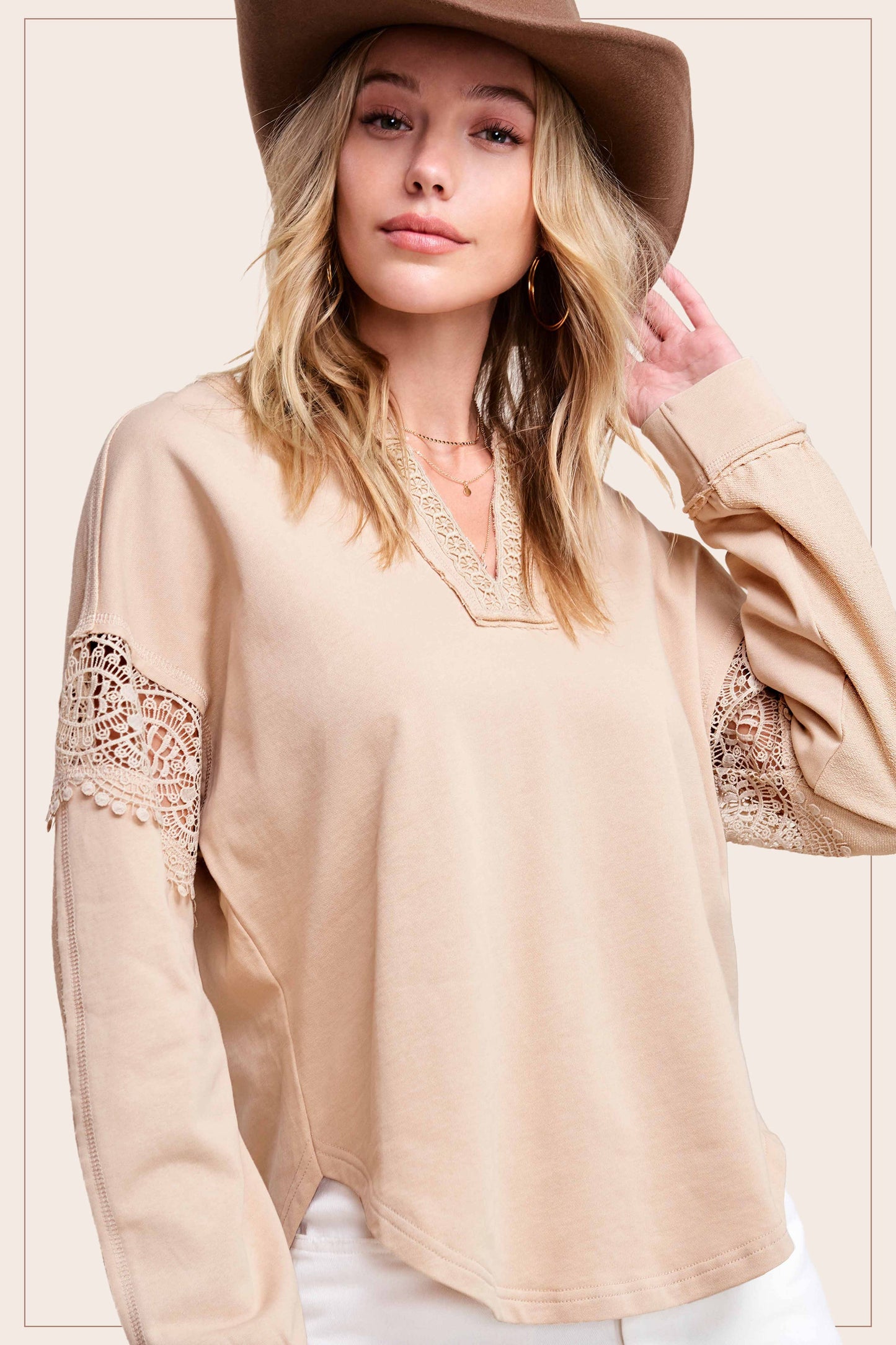 Embroidered Crochet V-neck Long Sleeve Top