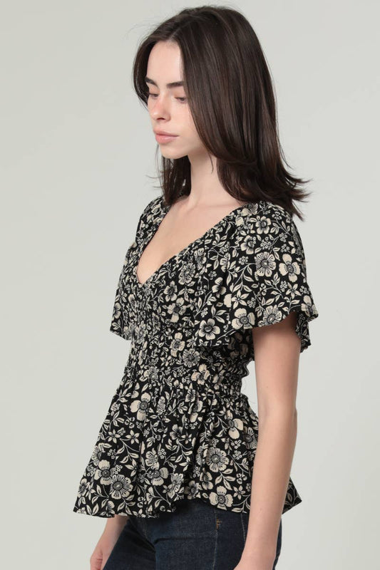 V Neck Floral Smocked Bodice