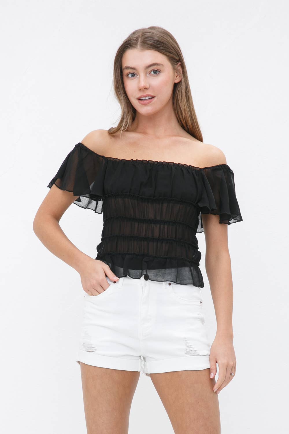 Sheer Sucker Chiffon Ruffle Elastic Tiered Bodysuit