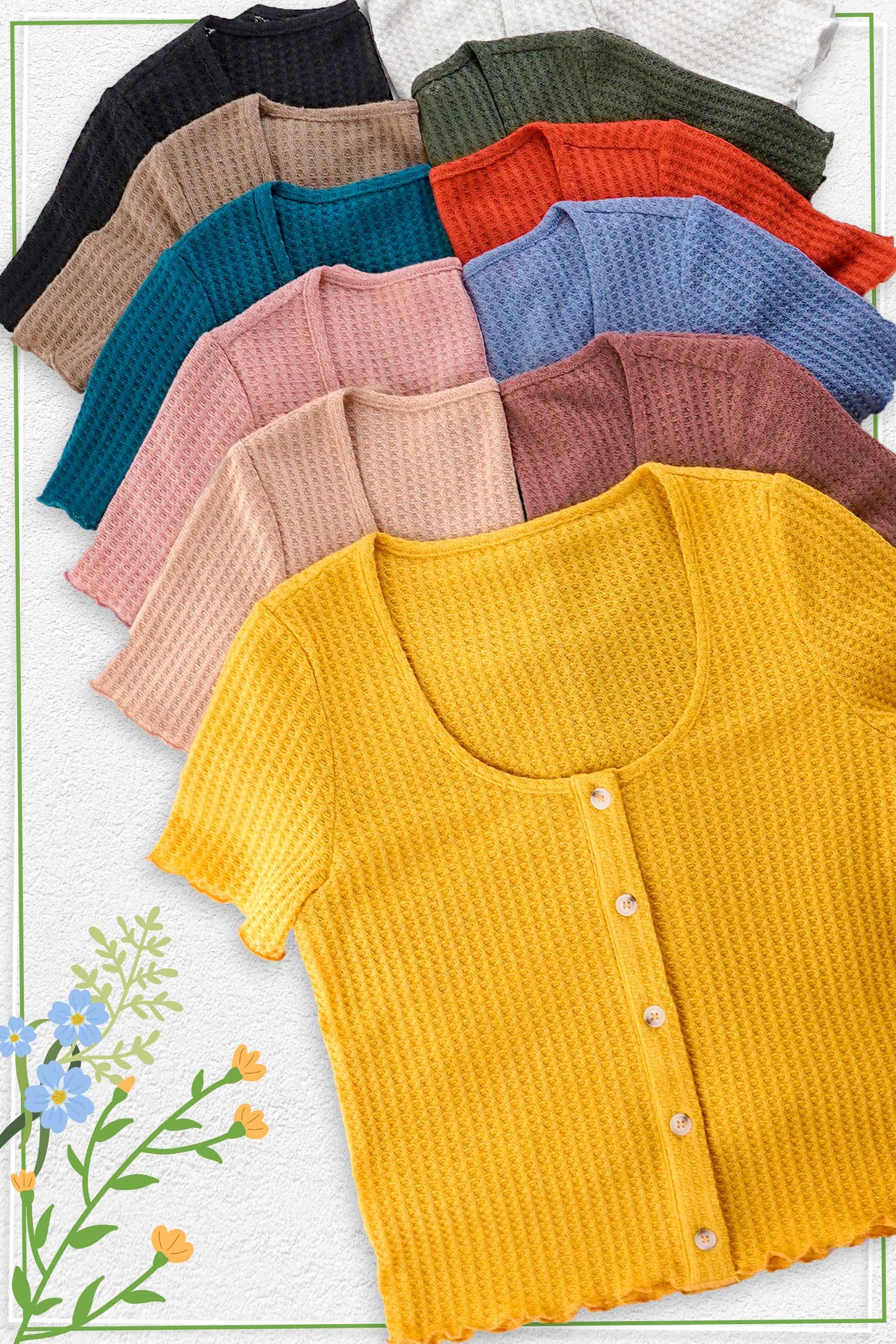 Stretchy Brushed Waffle Knit Short Sleeve Button Top