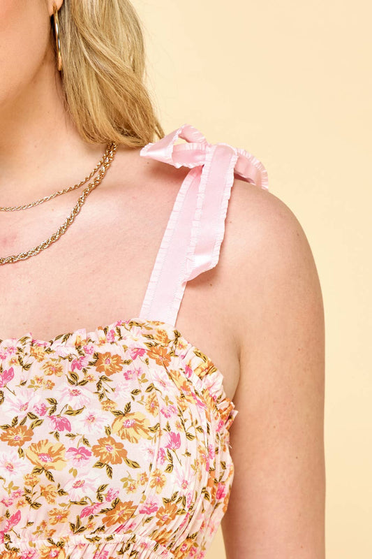 Curvy Tie Shoulder Floral Smoked Maxi Dress