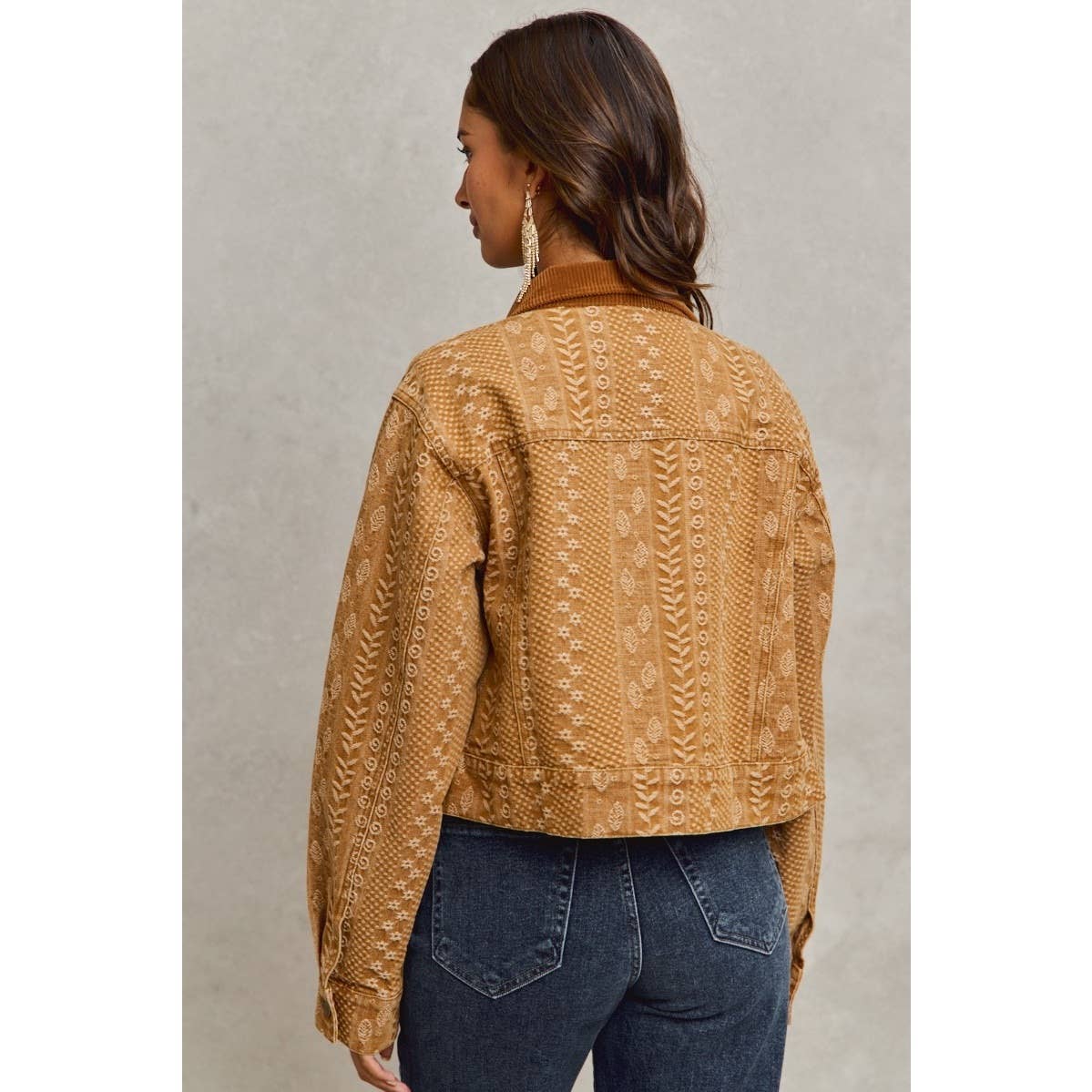 Floral Pattern Twill Corduroy Collar Denim Jacket