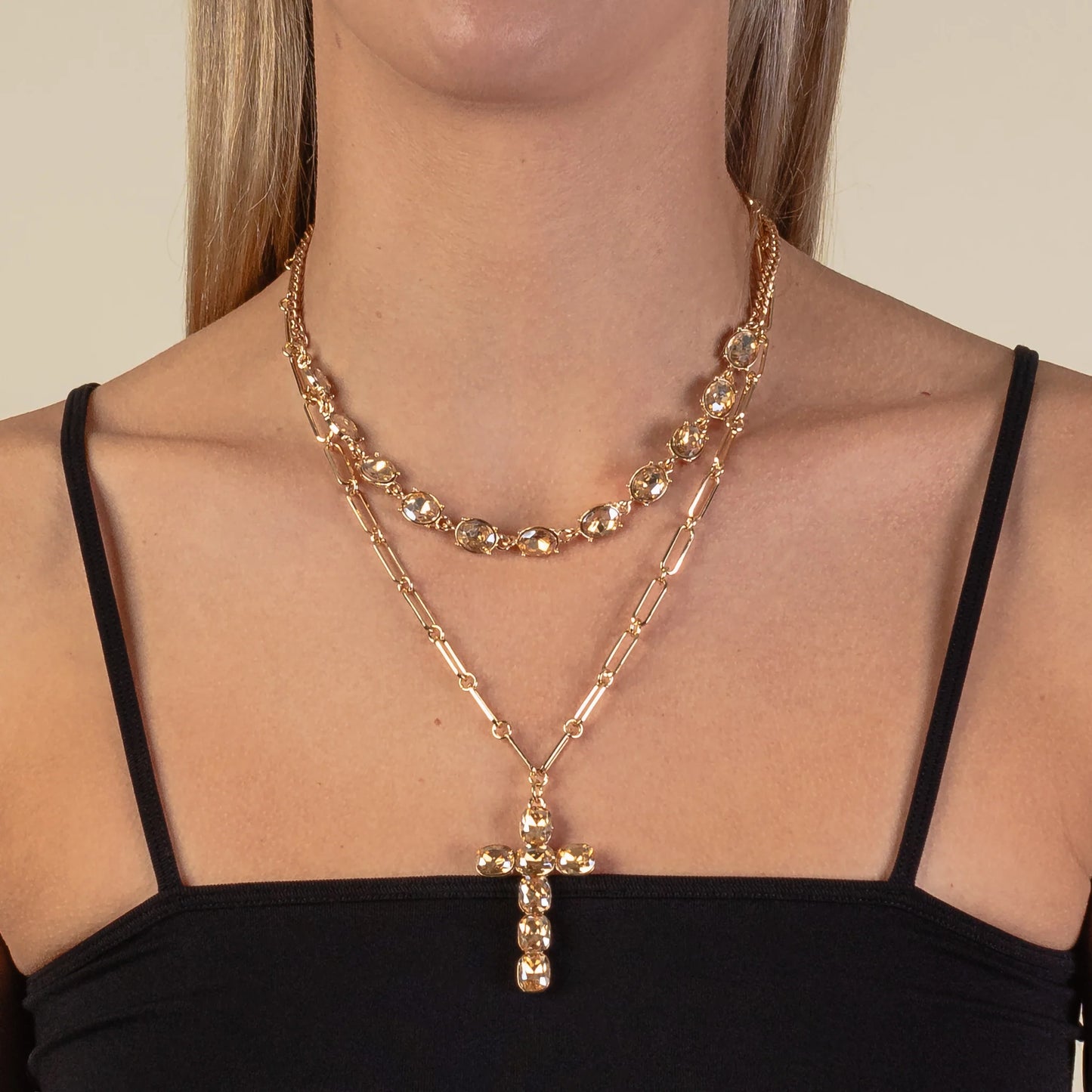 Rhinestone Layered Cross Necklace