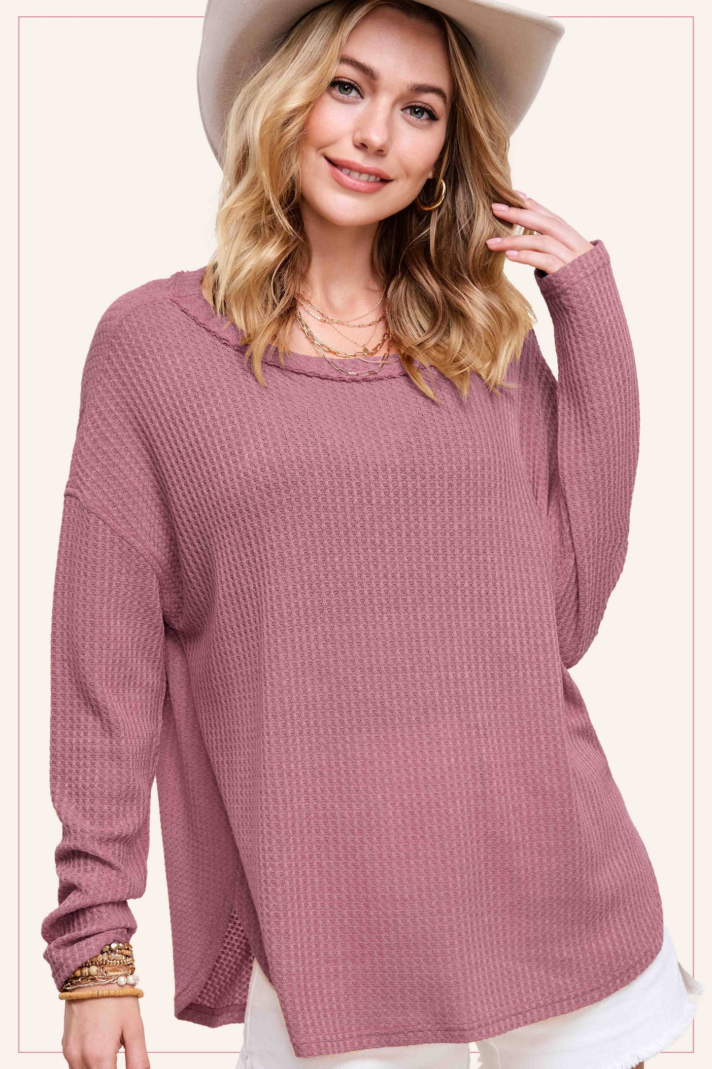 Brushed Waffle Fabric Loose Fit Long Sleeve Top
