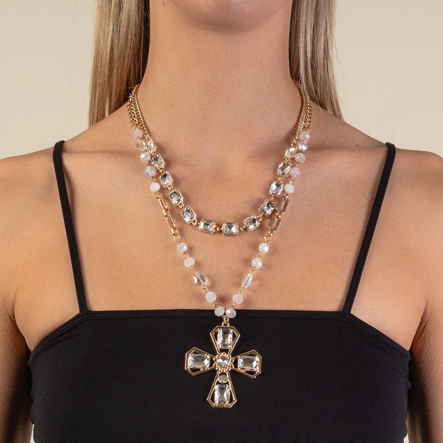 Beaded Cross Layered Necklace