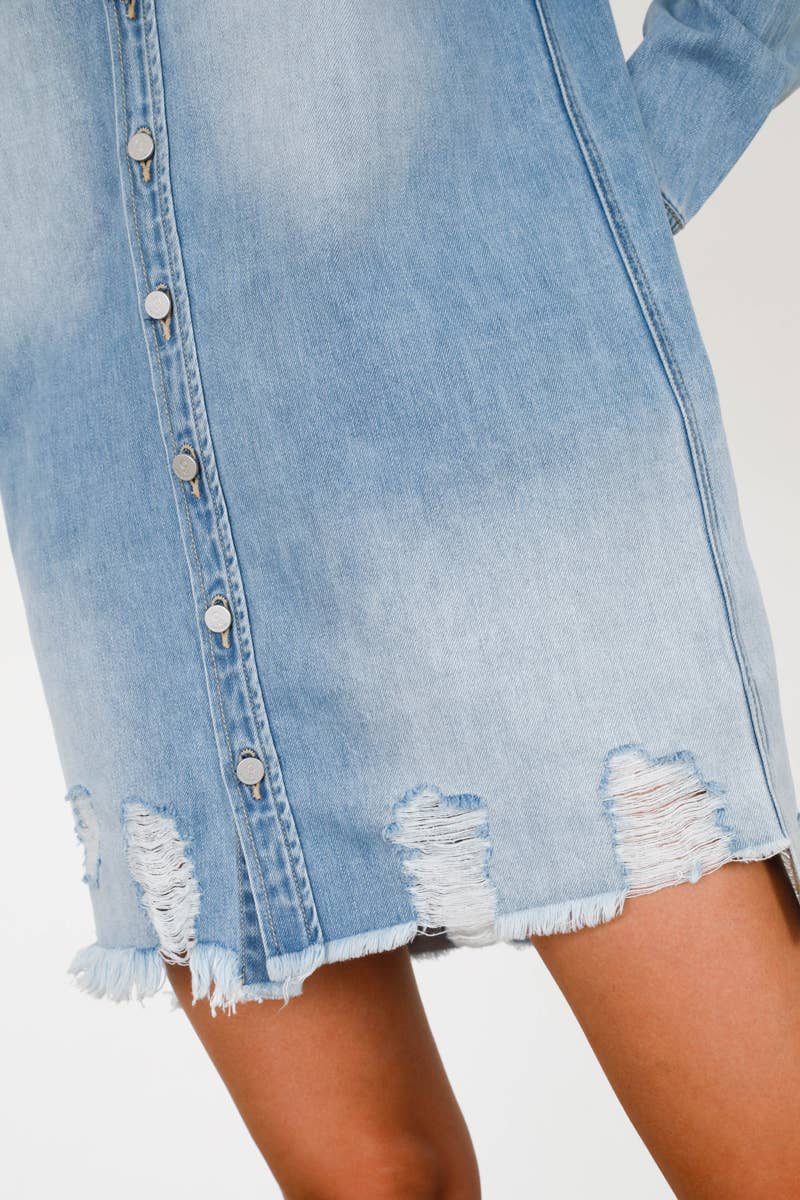 Ripped Raw Trim Denim Shirt Dress