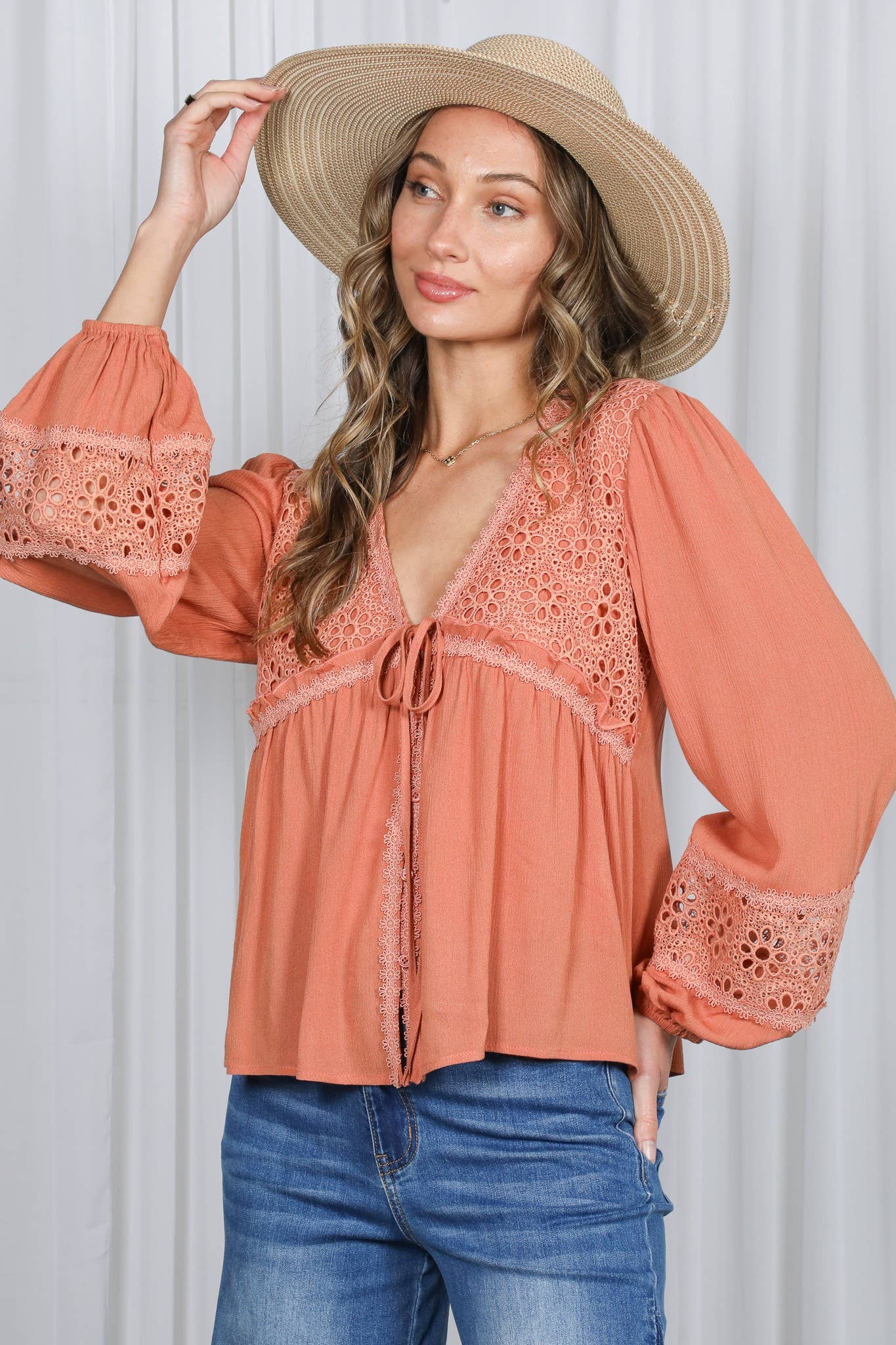 Eyelet Lace Tie Front V-Neck Long Puff Blouse Top