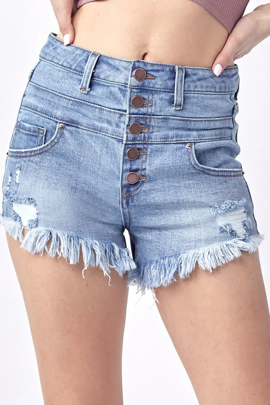 High Rise Button Fly Distressed Shorts - Southern Sassy Boutique