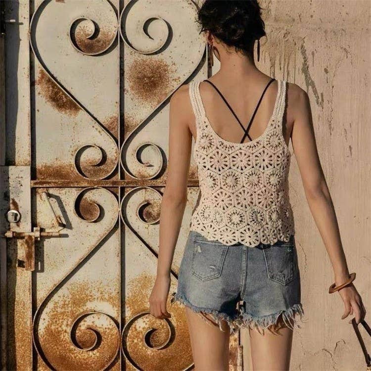 Vintage Embroidery Hollow Out Crochet Knit Vest