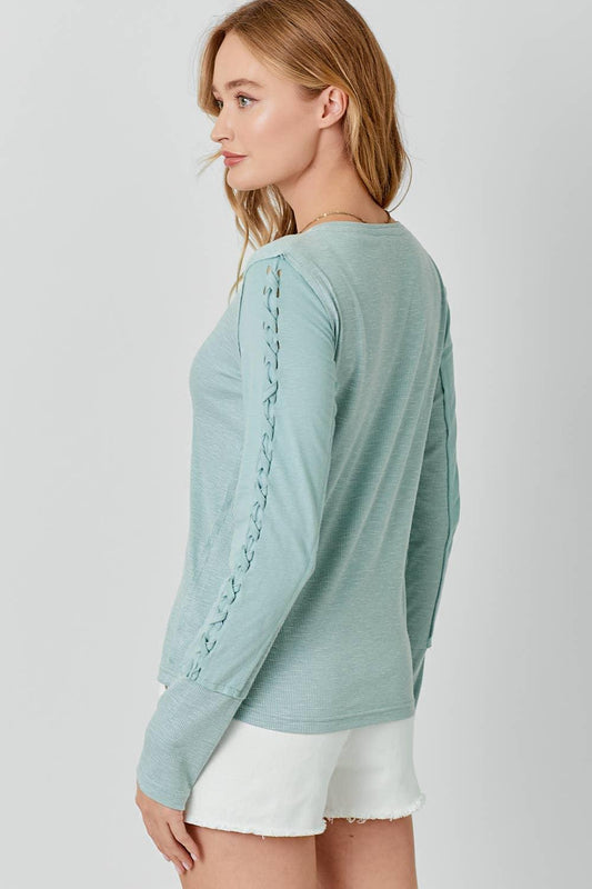 Ribbed Braided Sleeve Top - Southern Sassy Boutique
