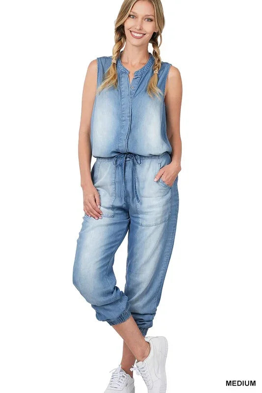 Chambray Sleeveless Jumpsuit - Southern Sassy Boutique