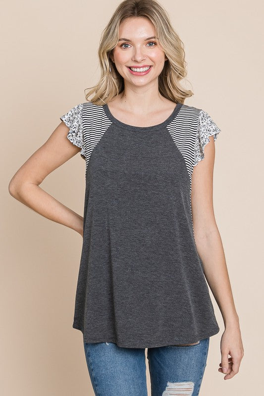 Floral and Striped Flutter Sleeve Tunic Top