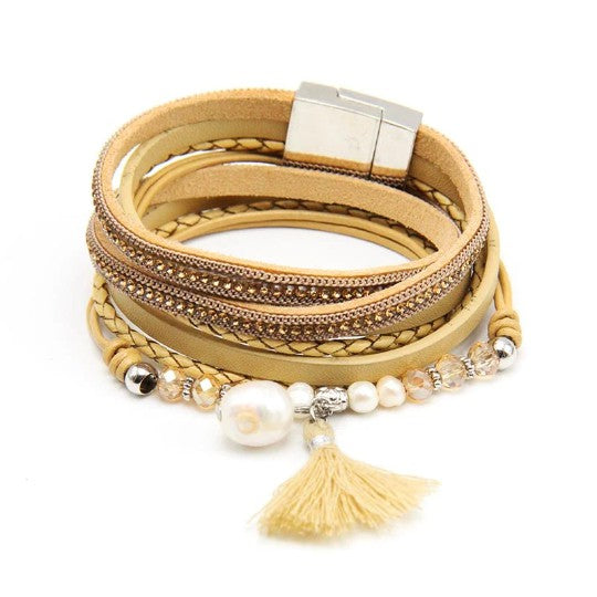 Beads and Pearls Leather Wrap Bracelet