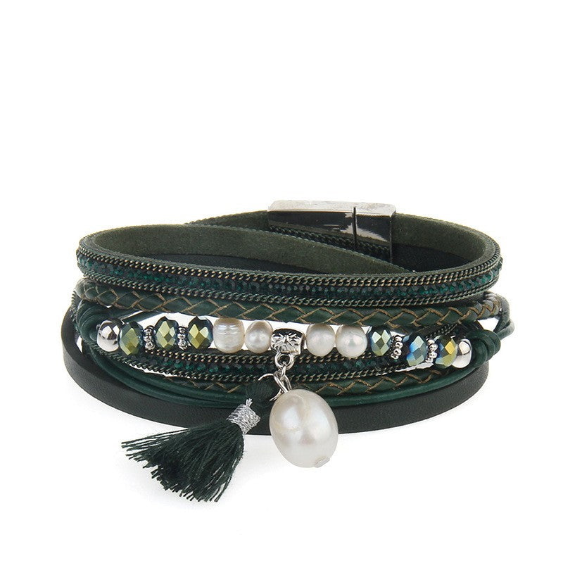Beads and Pearls Leather Wrap Bracelet