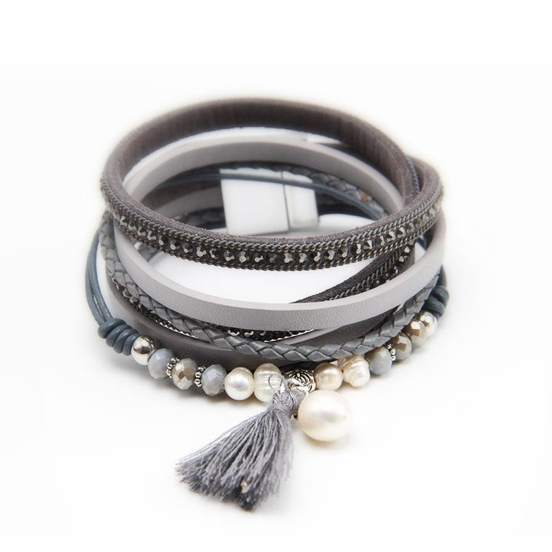 Beads and Pearls Leather Wrap Bracelet