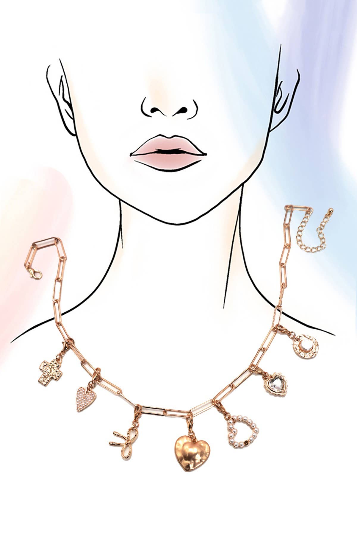 Bow Heart Removable Multi Charm Necklace |