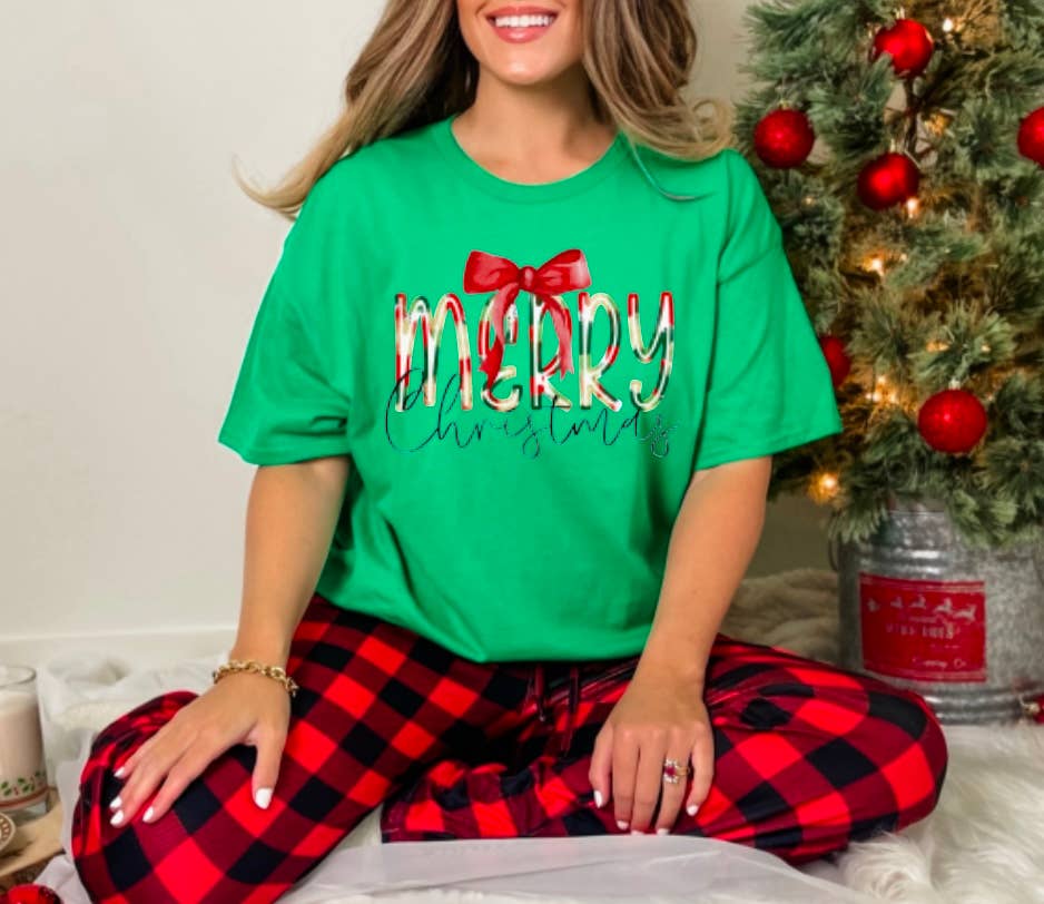 Watercolor Bow Merry Christmas Graphic Tee - Southern Sassy Boutique