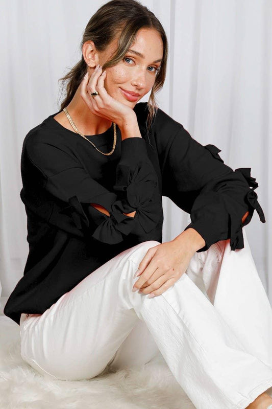 Bow Embellished Long-Sleeve Crew Neck Knit Sweater VT82605- - Southern Sassy Boutique