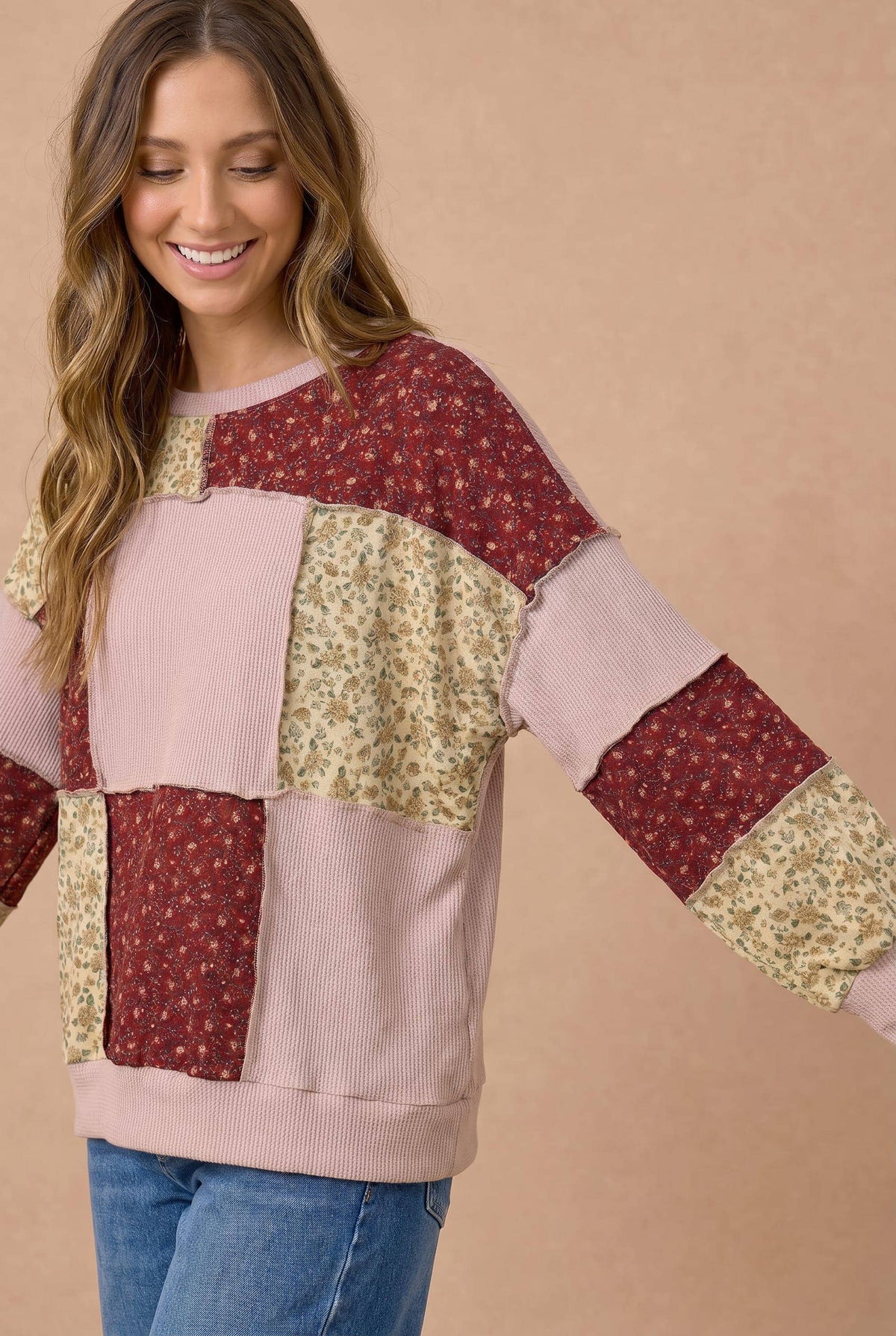 Mixed Print Color Block Patchwork Knit Top