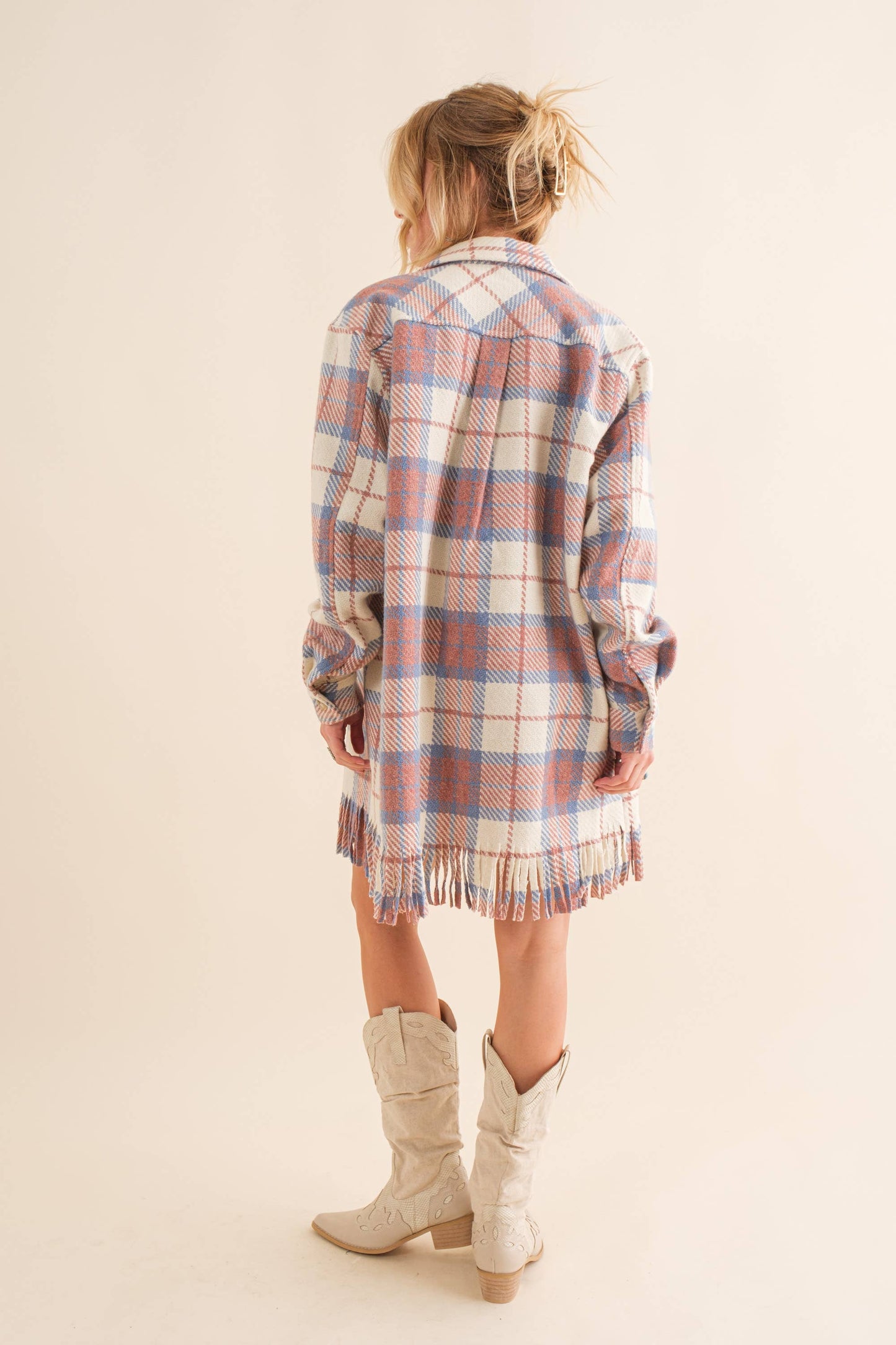 Yarn Dyed Fringe Bottom Button Up Long Shirt Jacket