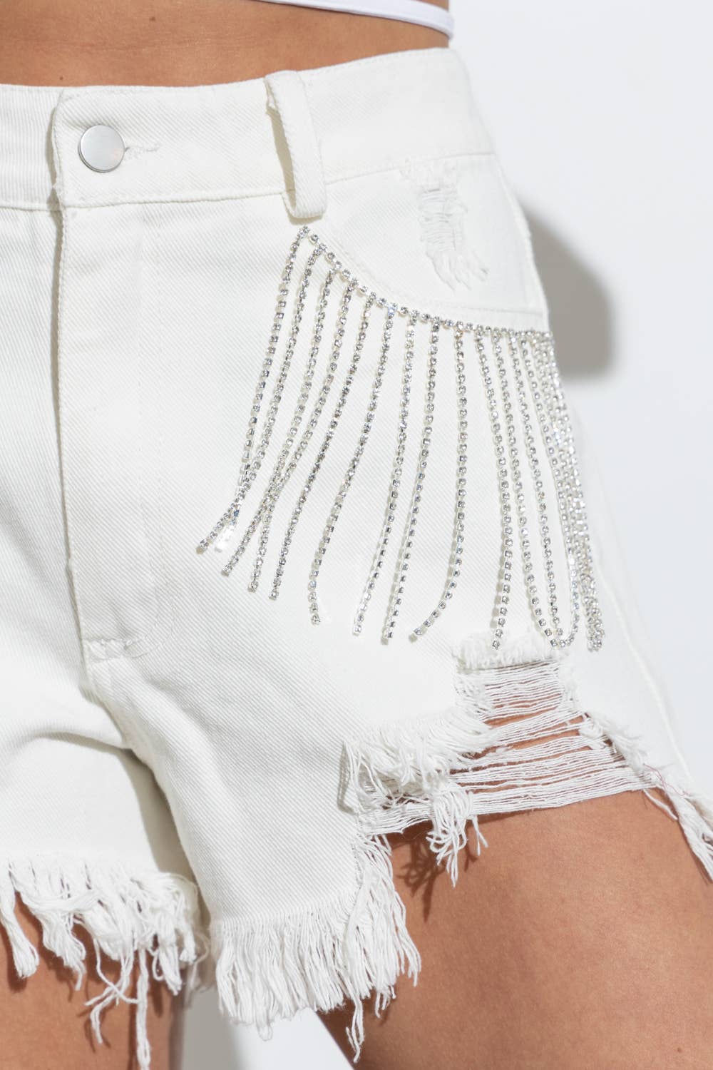Distressed Frayed Detail Fringe Rhinestone Denim