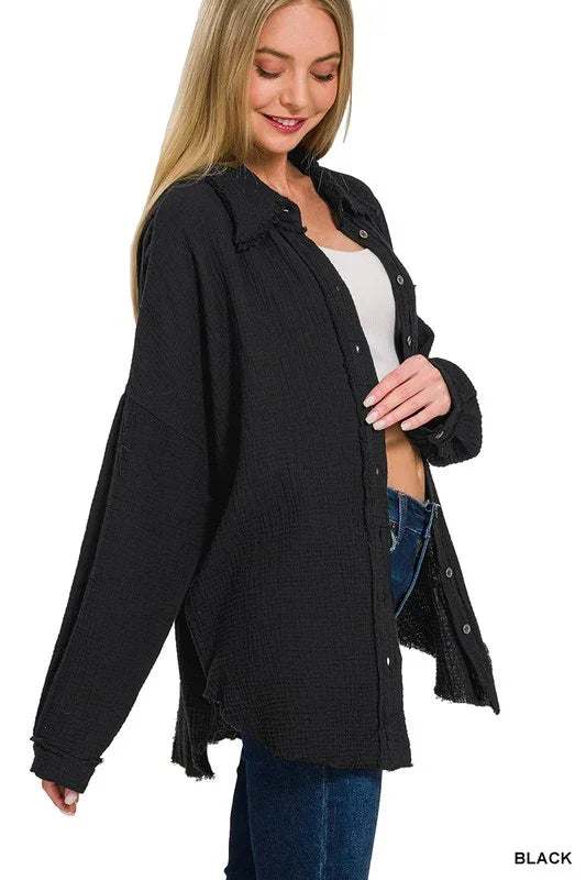 Double Gauze Oversized Raw Edge Shirt - Southern Sassy Boutique