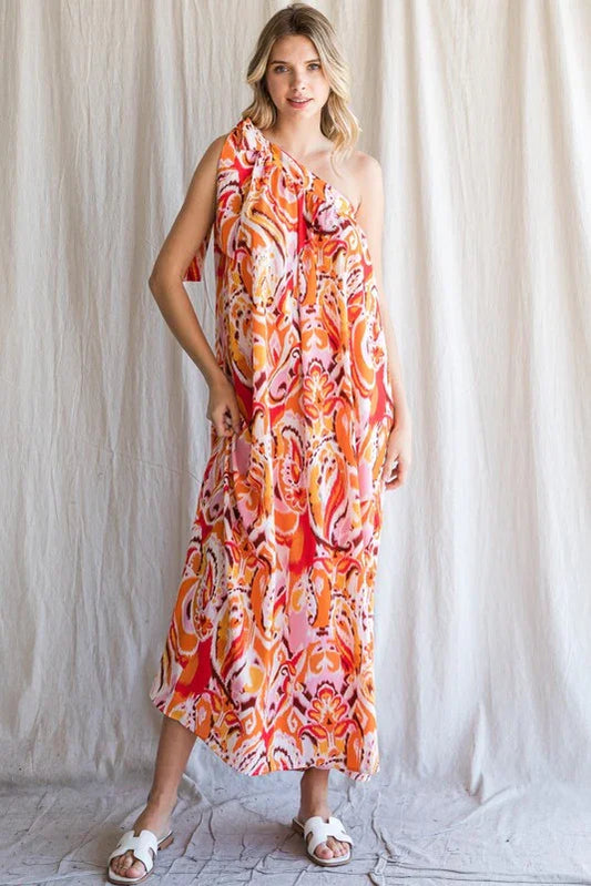 Multi Color Print One Shoulder Self-Tie Dress - Southern Sassy Boutique