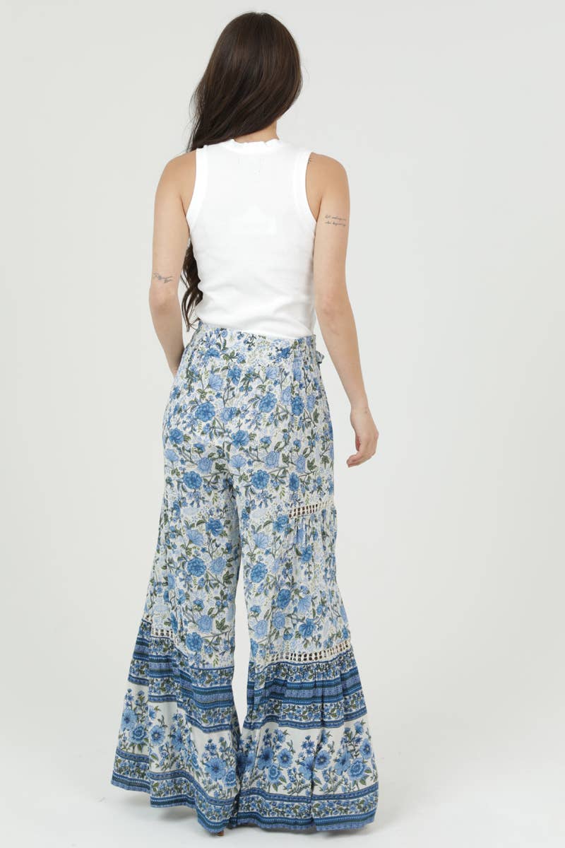Boho Printed Wide Leg Tie Waist Pants with Lace