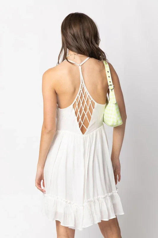 Woven Lattice Open Back Mini Dress - Southern Sassy Boutique