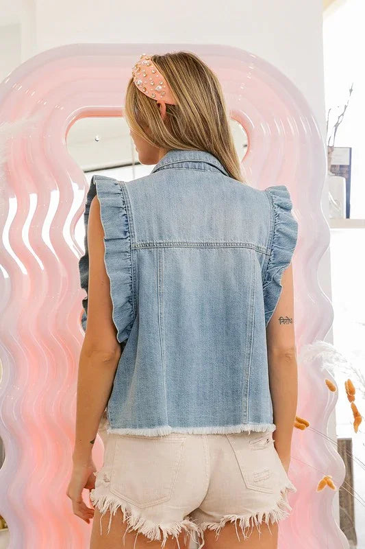 Cropped Ruffled Denim Sleeveless Jacket