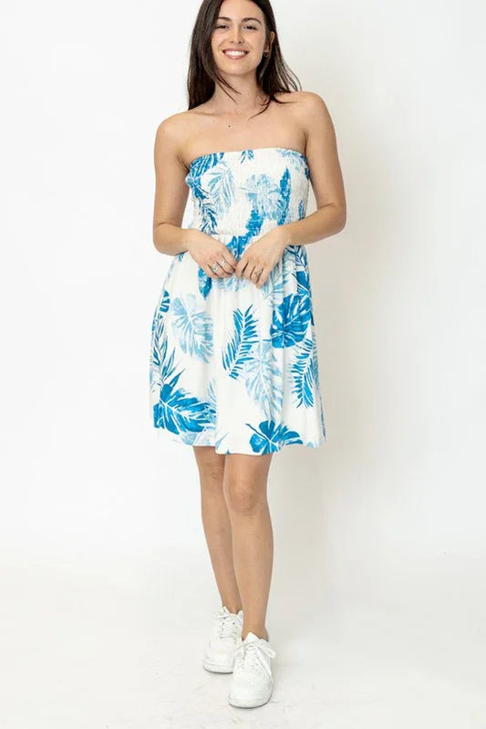 Tropical Print Smocked Tube Mini Dress - Southern Sassy Boutique