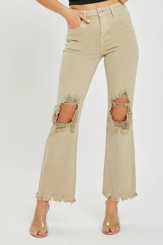 Risen High Rise Distressed Knee Frayed Ankle Cut Pants - Southern Sassy Boutique