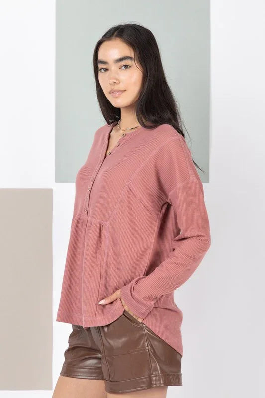 Casual Comfy Waffle Knit Henley Top - Southern Sassy Boutique