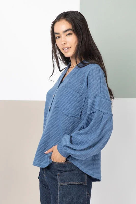 Raw Edge Knit Henley with Hooded Detail - Southern Sassy Boutique