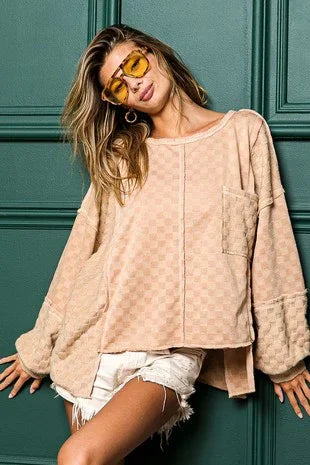 Brushed Checker Reversed Oversize Top - Southern Sassy Boutique