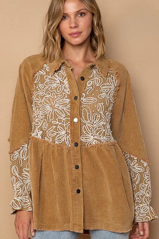 Embroidered Floral Pattern Button Down Jacket - Southern Sassy Boutique