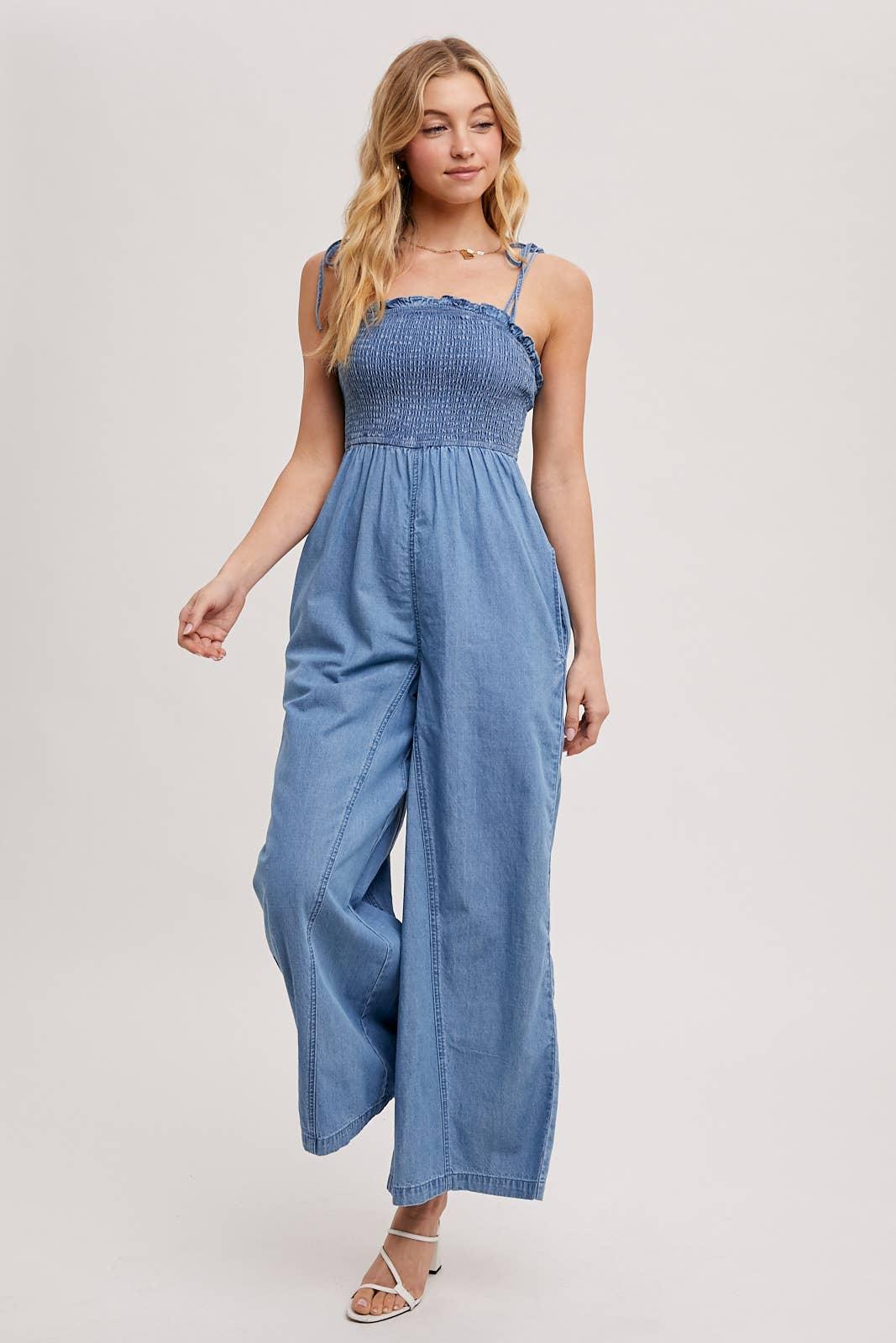 DENIM SMOCKED STRAP WIDE LEG JUMPSUIT - Southern Sassy Boutique