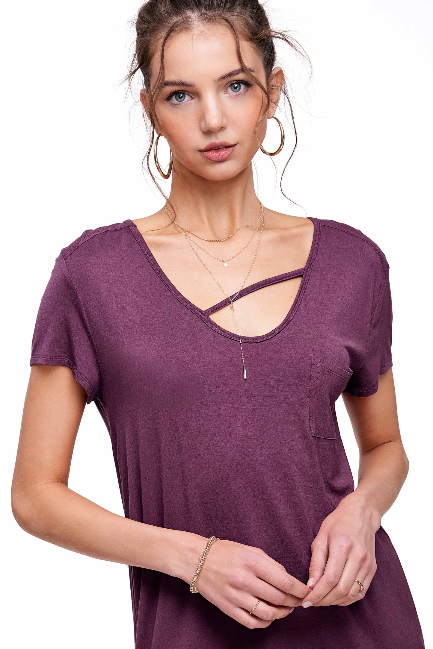 Stretchy Cutout Front Pocket Short Sleeve Basic Top - Southern Sassy Boutique