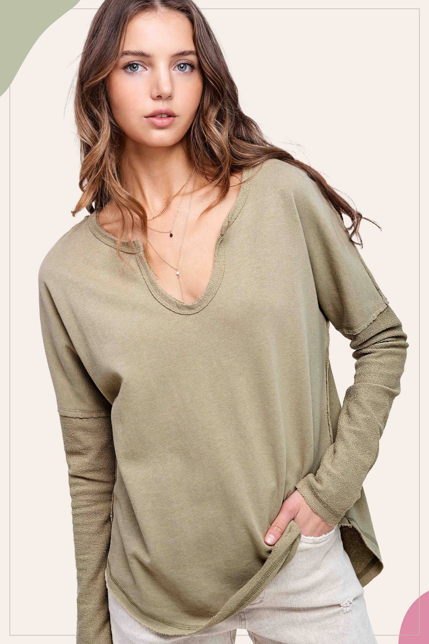 Textured Fabric Contrast Terry Long Sleeve Top