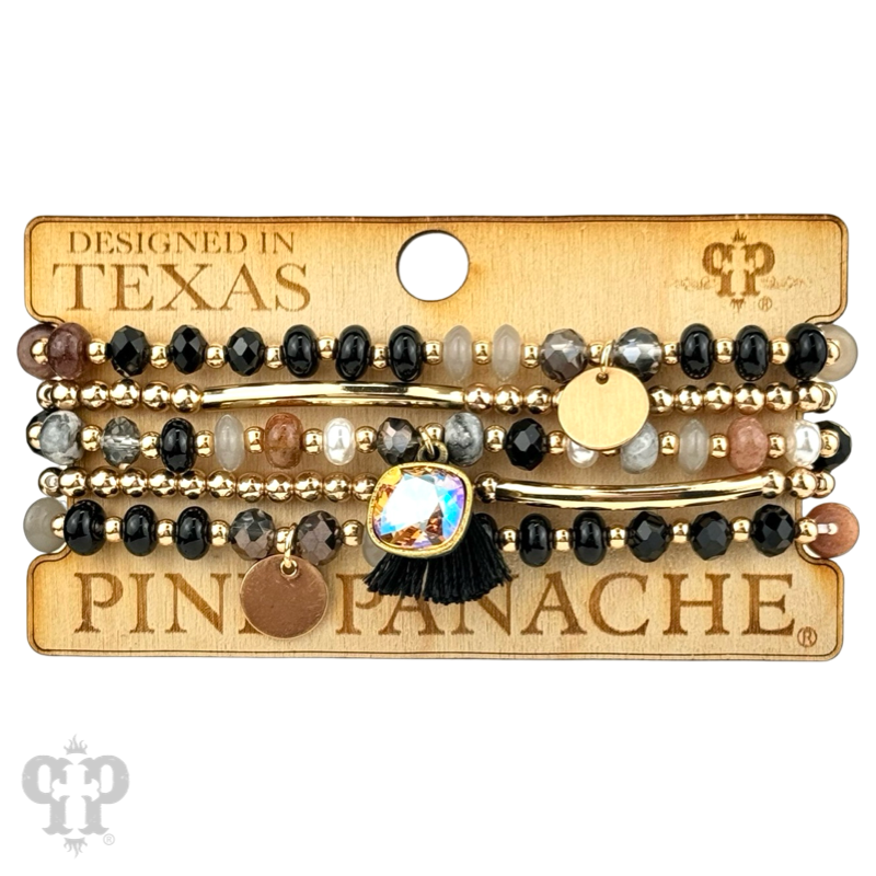 Tones of brown, pearl and gold tone bracelet stack, Austrian crystal