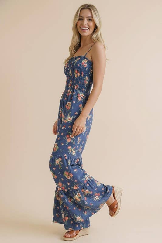 Strap Shoulder Smocking Floral Jumpsuit