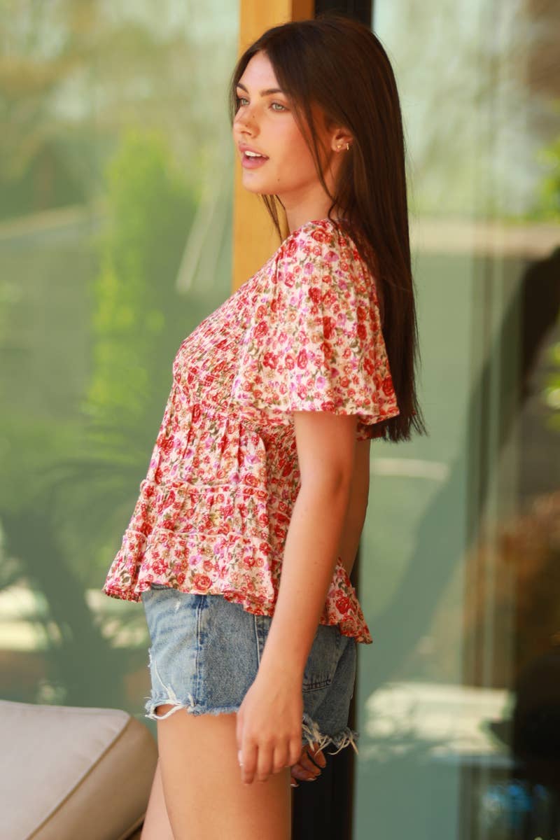 V Neck Smocked Bodice Floral Top