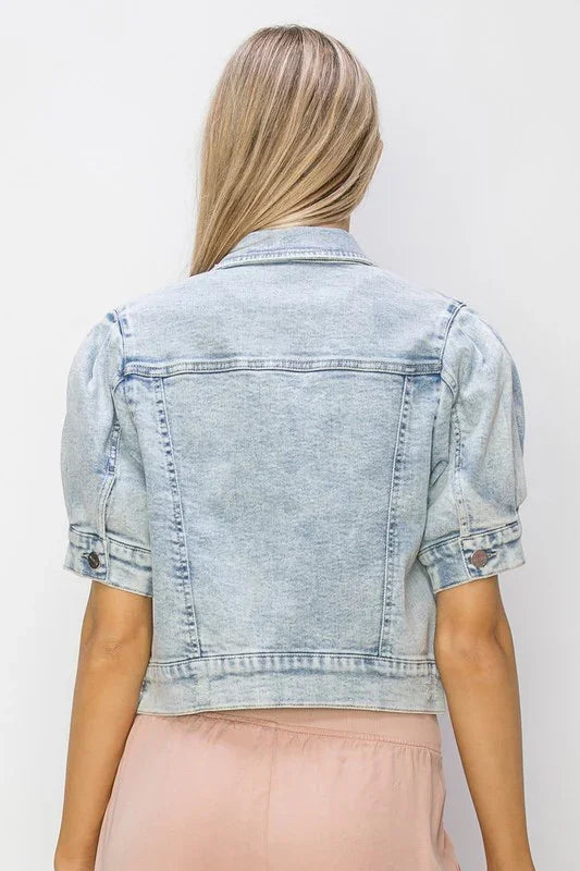 Shirring Sleeve Crop Denim Jacket - Southern Sassy Boutique
