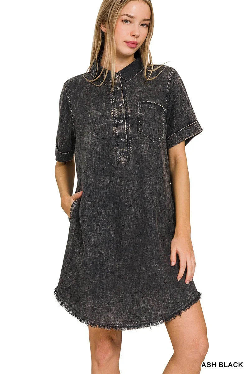 Washed Linen Raw Edge Button Down V-Neck Dress - Southern Sassy Boutique